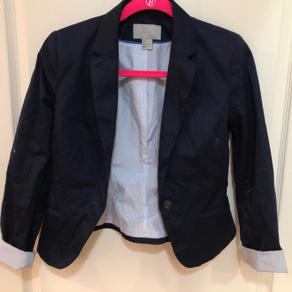 H&M navy blazer with striped roll cuff